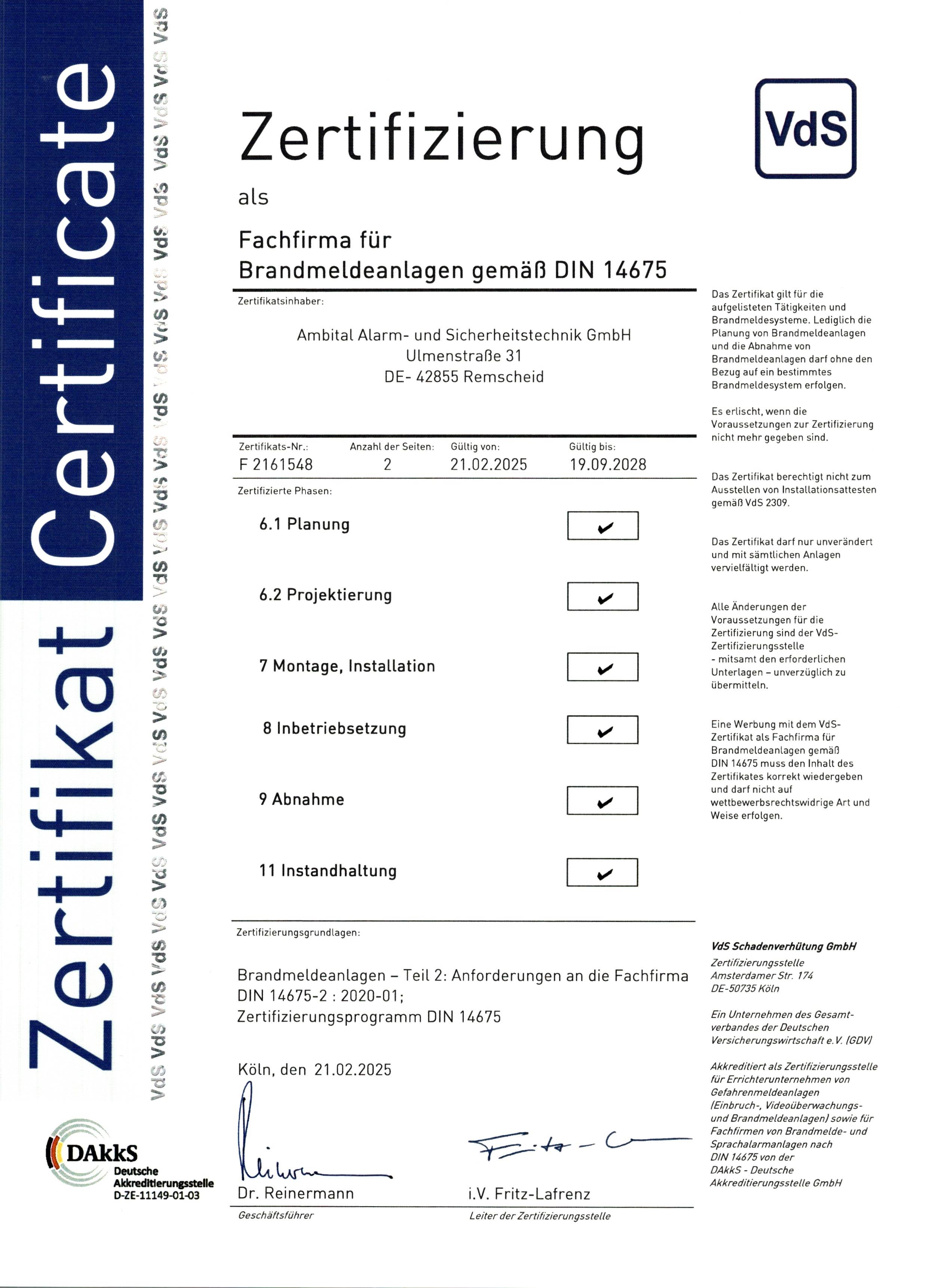 Fachfirma für Brandmeldeanlagen DIN 14675 Zertifikat