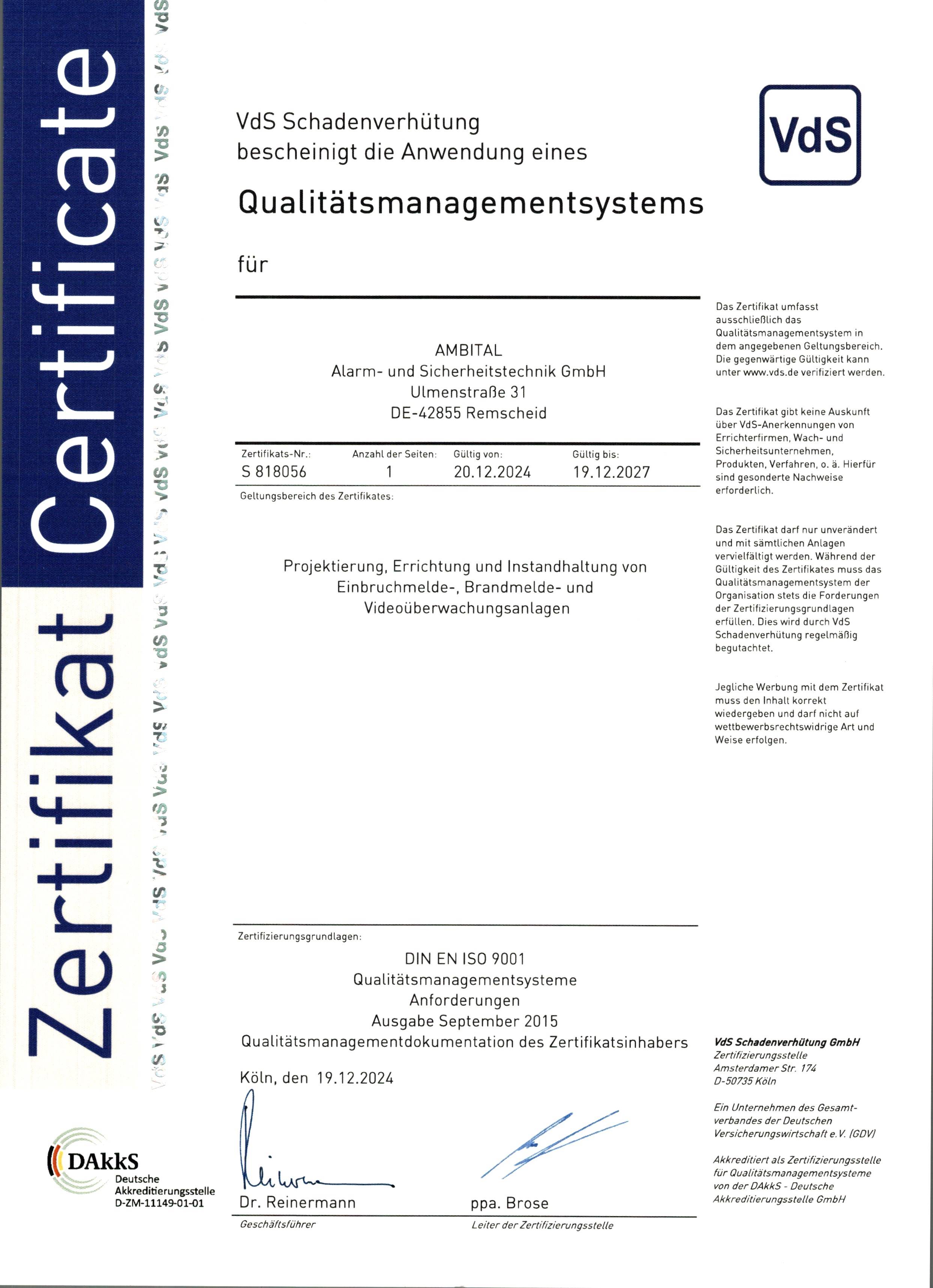 Qualitätsmanagementsystem ISO 9001 Zertifikat